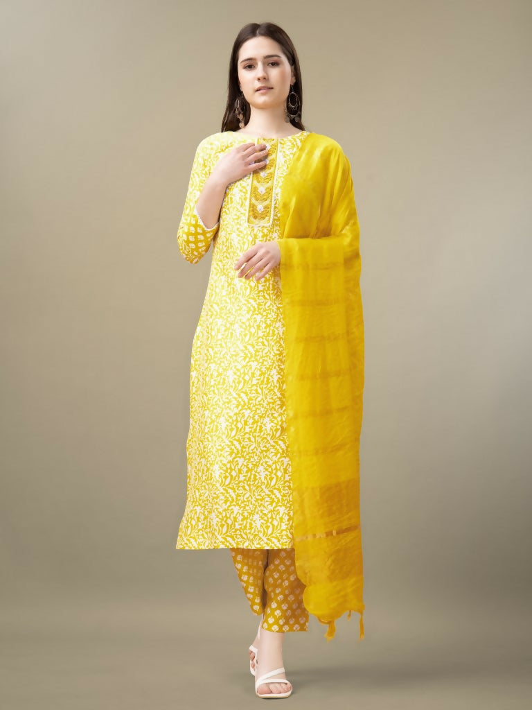 Jyoti Fashion Women's Yellow Rayon Embroidery & Sequence work Kurta with Trouser & Dupatta | Grocsy