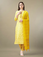 Jyoti Fashion Women's Yellow Rayon Embroidery & Sequence work Kurta with Trouser & Dupatta | Grocsy