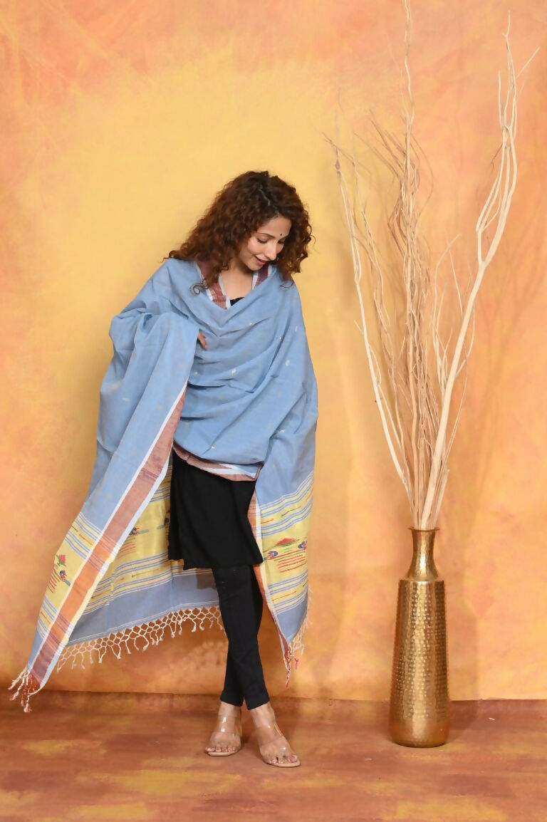 Very Much Indian Handloom Pure Cotton Paithani Dupatta - Powder Blue | Grocsy