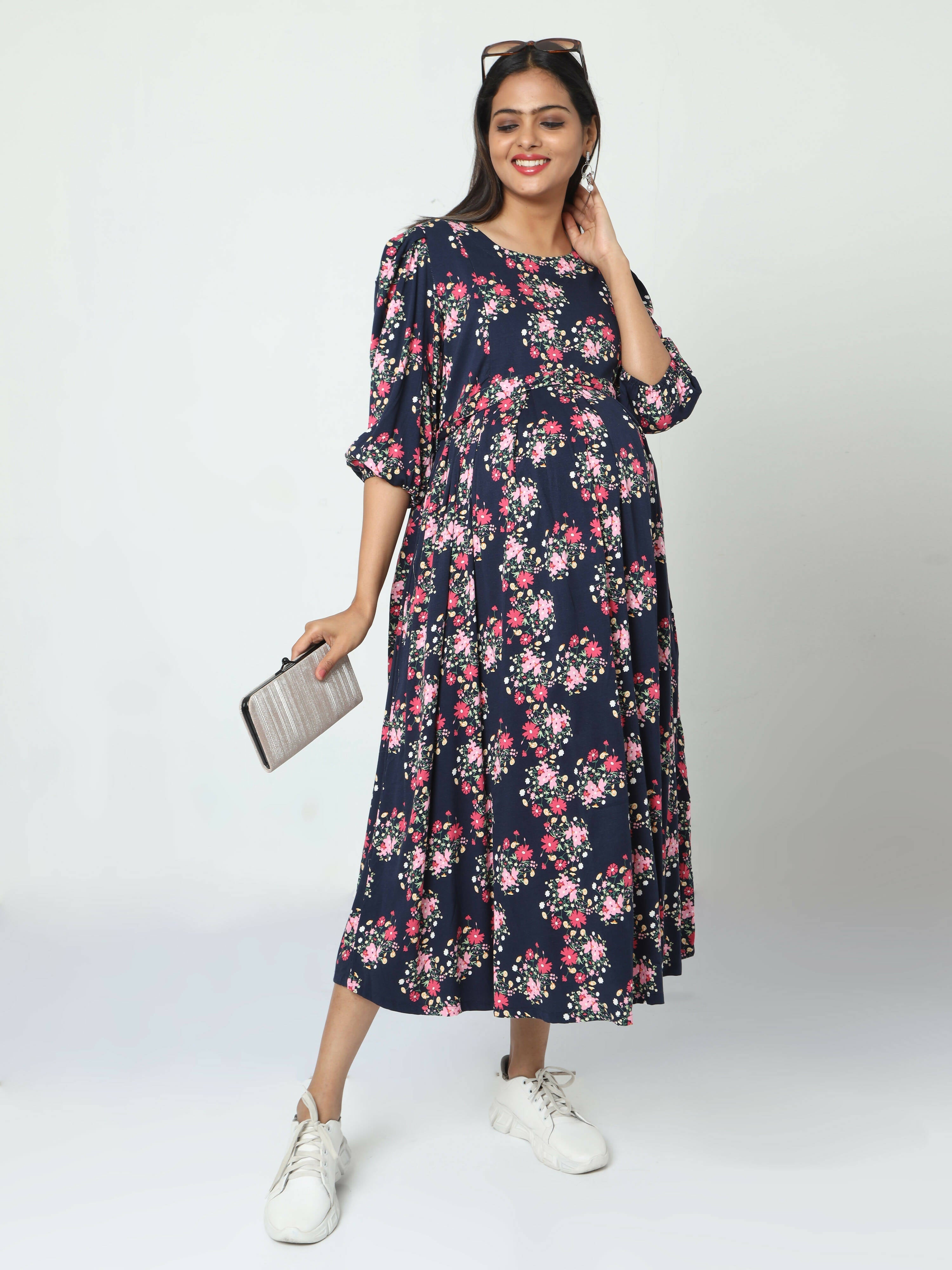 Manet Three Fourth Maternity Dress Floral Print With Concealed Zipper Nursing Access - Navy Blue | Grocsy