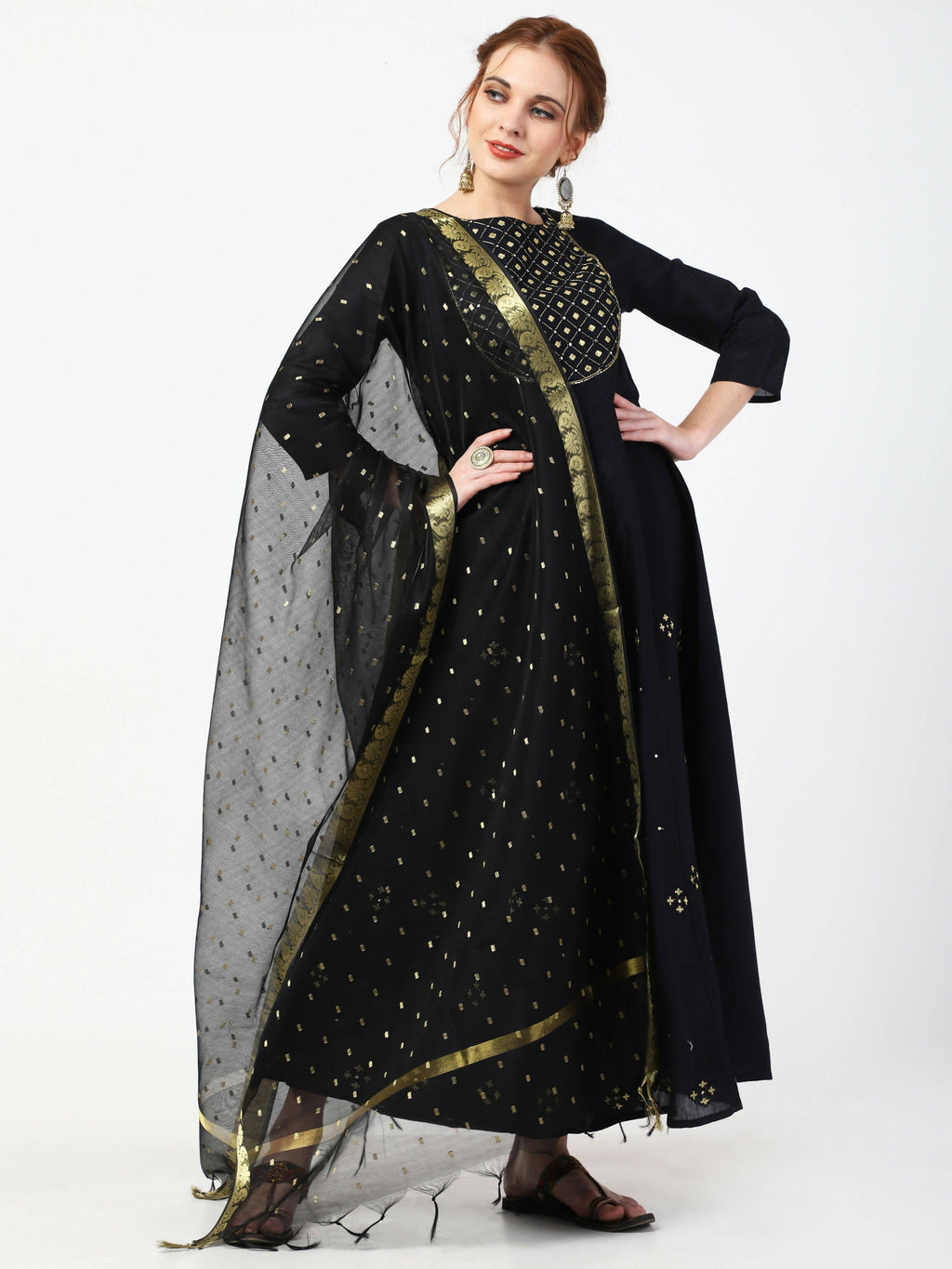 Cheera Embellished Party Wear Anarkali Dress with Dupatta - Black | Grocsy