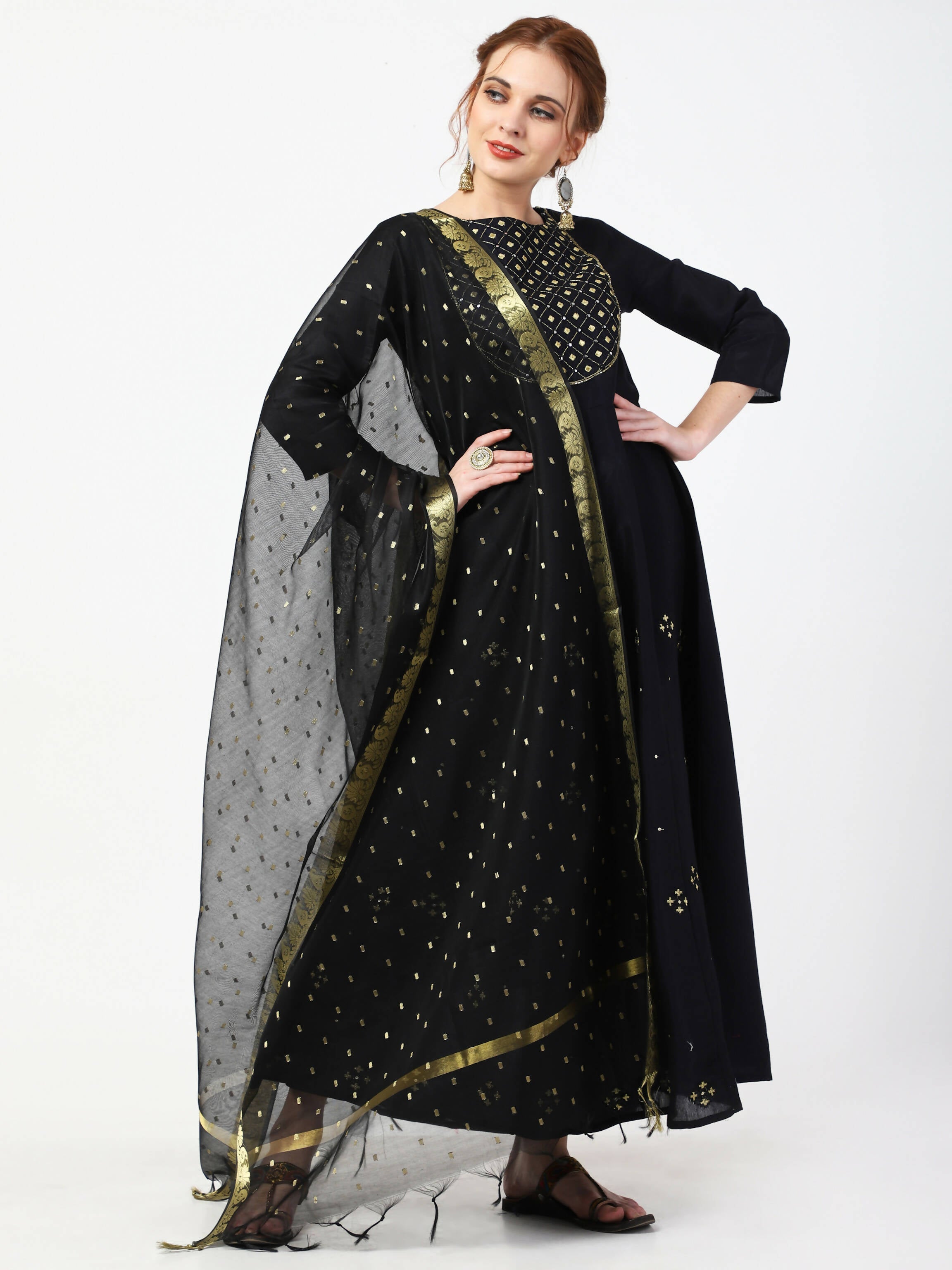 Cheera Embellished Party Wear Anarkali Dress with Dupatta - Black | Grocsy