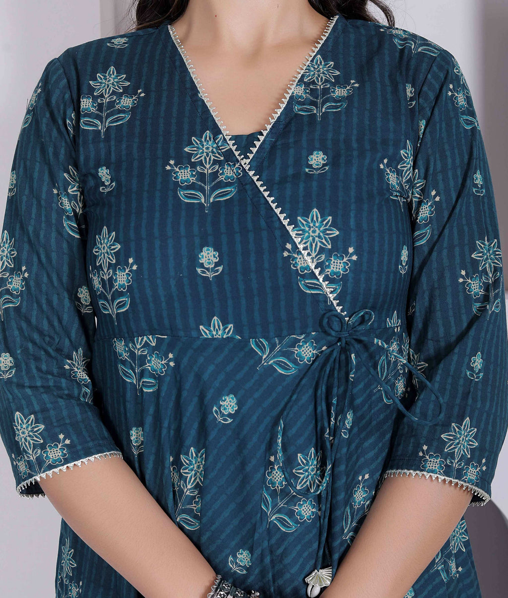 Miravan Womens Blue Ethnic Motifs Printed V-Neck Cotton Angrakha Kurta | Grocsy