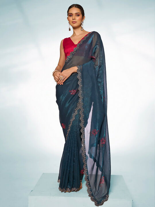 Teal Blue Slub Organza Swarovski Designer Saree - Shezlin | Grocsy