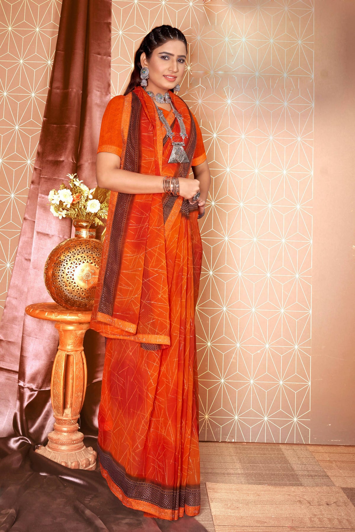 Orange Chiffon Abstract Printed Saree With Unstitched Blouse Piece - Rajal | Grocsy