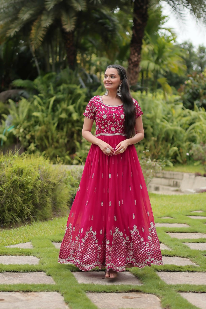 Vastranavya Premium Designer Faux Blooming with Embroidery Zari Sequins work Gown - Pink | Grocsy