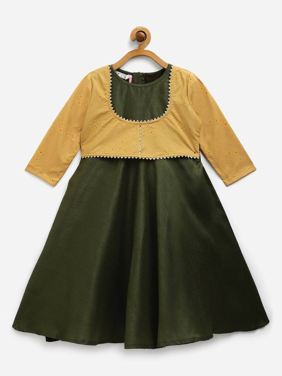 Ahalyaa Green Poly Silk Solid Kids Kurta With Printed Jacket For Girls | Grocsy