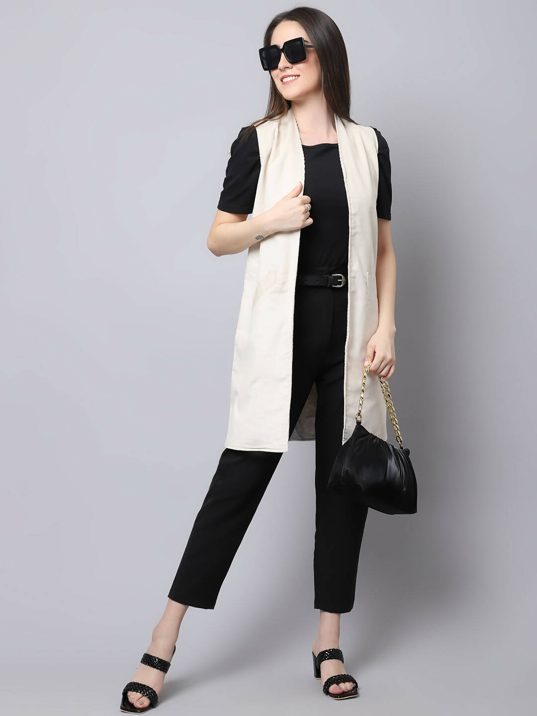 Even Apparels White Polywool Open Front Corduroy Women's Long Coat | Grocsy