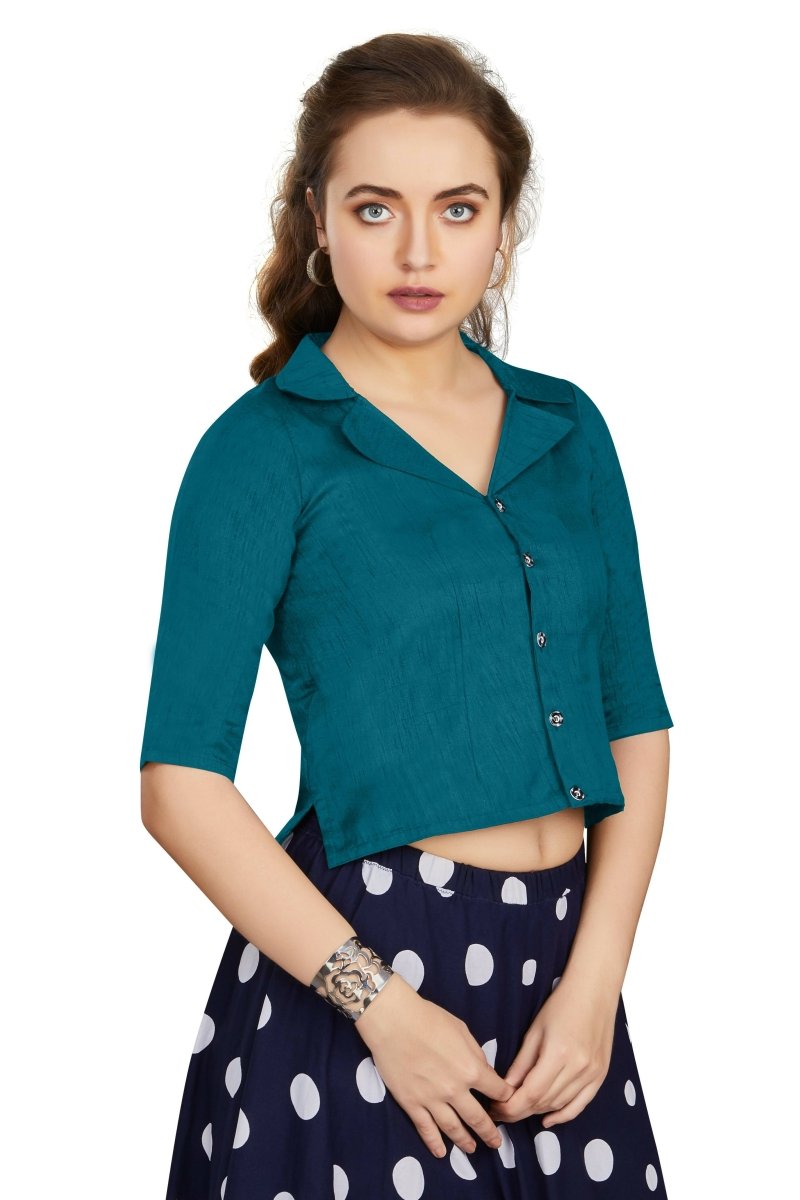 Aastha Fashion Women's Women's Teal Art Silk Button Readymade Blouse | Grocsy