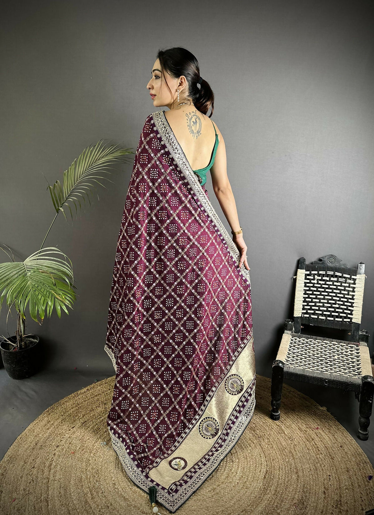 Joban Fashion Wine Bandhej Bandhani Vichitra Silk Bandhani Prints Saree | Grocsy