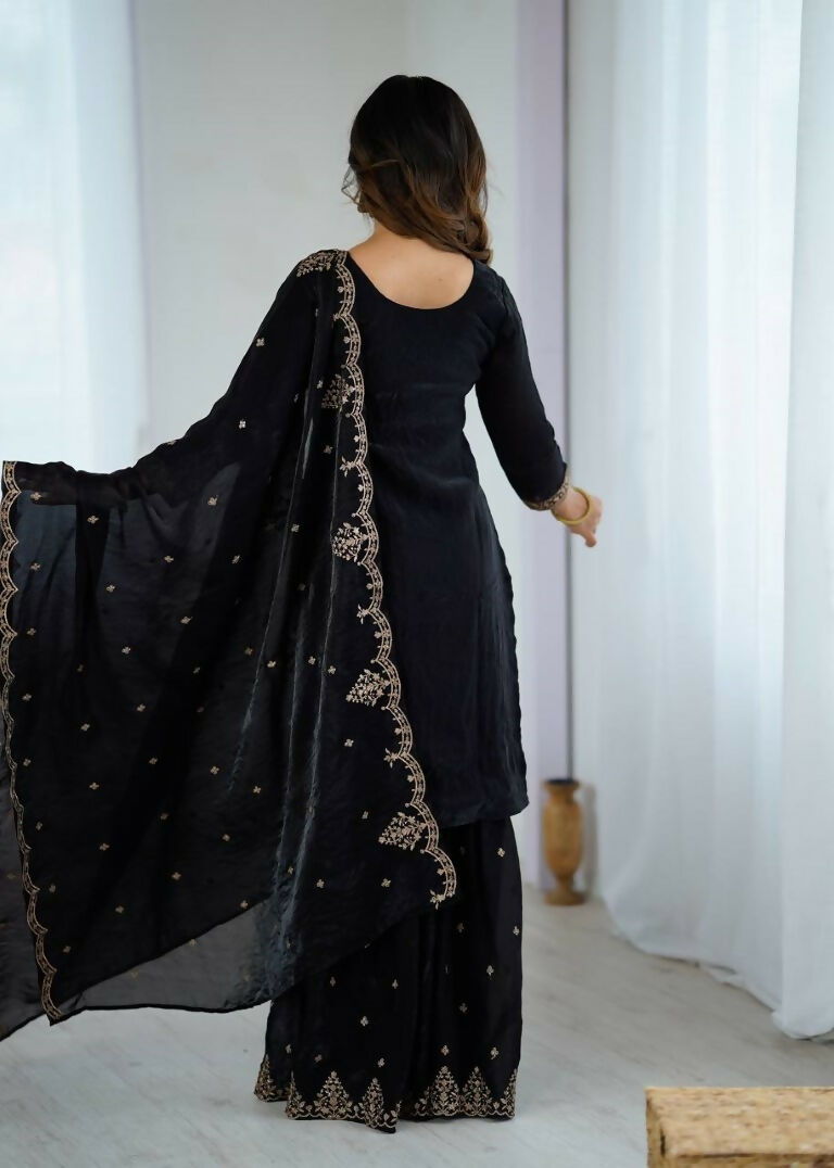 Teeya Creation Black Color Crunchy Silk Embroidery Work Wedding Wear Salwar Suit | Grocsy