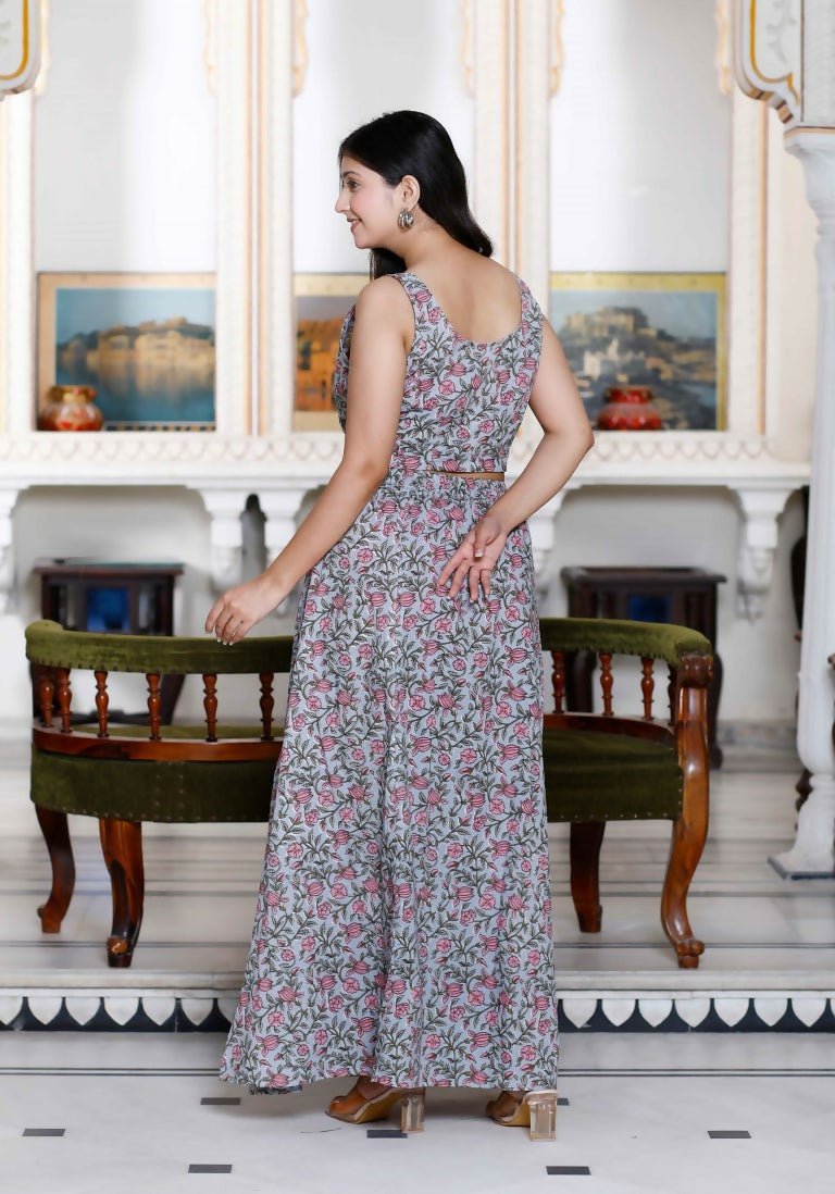 Miravan Women's Grey Floral Printed Crop Top And Skirt Co-Ord Set | Grocsy