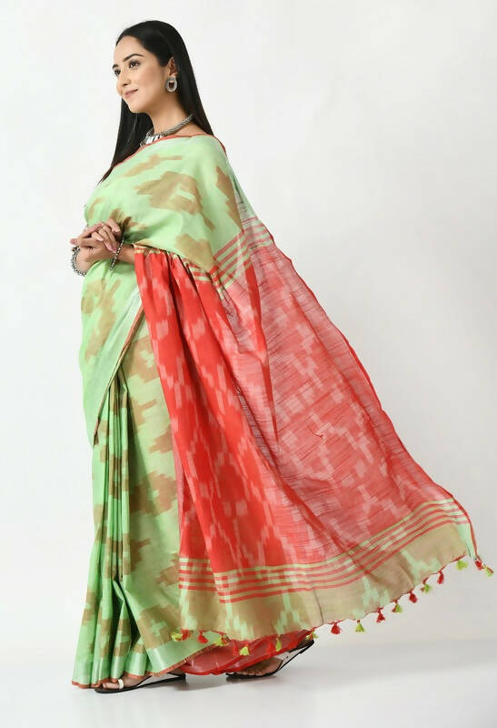 Mominos Fashion Moeza Light Green & Red Bhagalpuri Handloom Ikat Pure Cotton Saree with unstitched Blouse piece | Grocsy