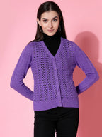 Women Pointelle Purple Acrylic Winter Cardigan - Wool Trees | Grocsy
