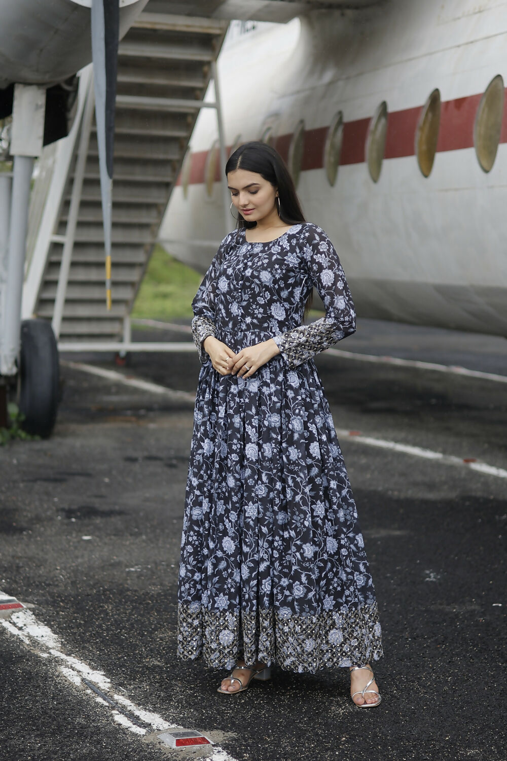 Aayaa Printed Faux Georgette with Embroidery Zari Sequins work Gown - Black | Grocsy