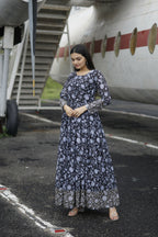 Aayaa Printed Faux Georgette with Embroidery Zari Sequins work Gown - Black | Grocsy
