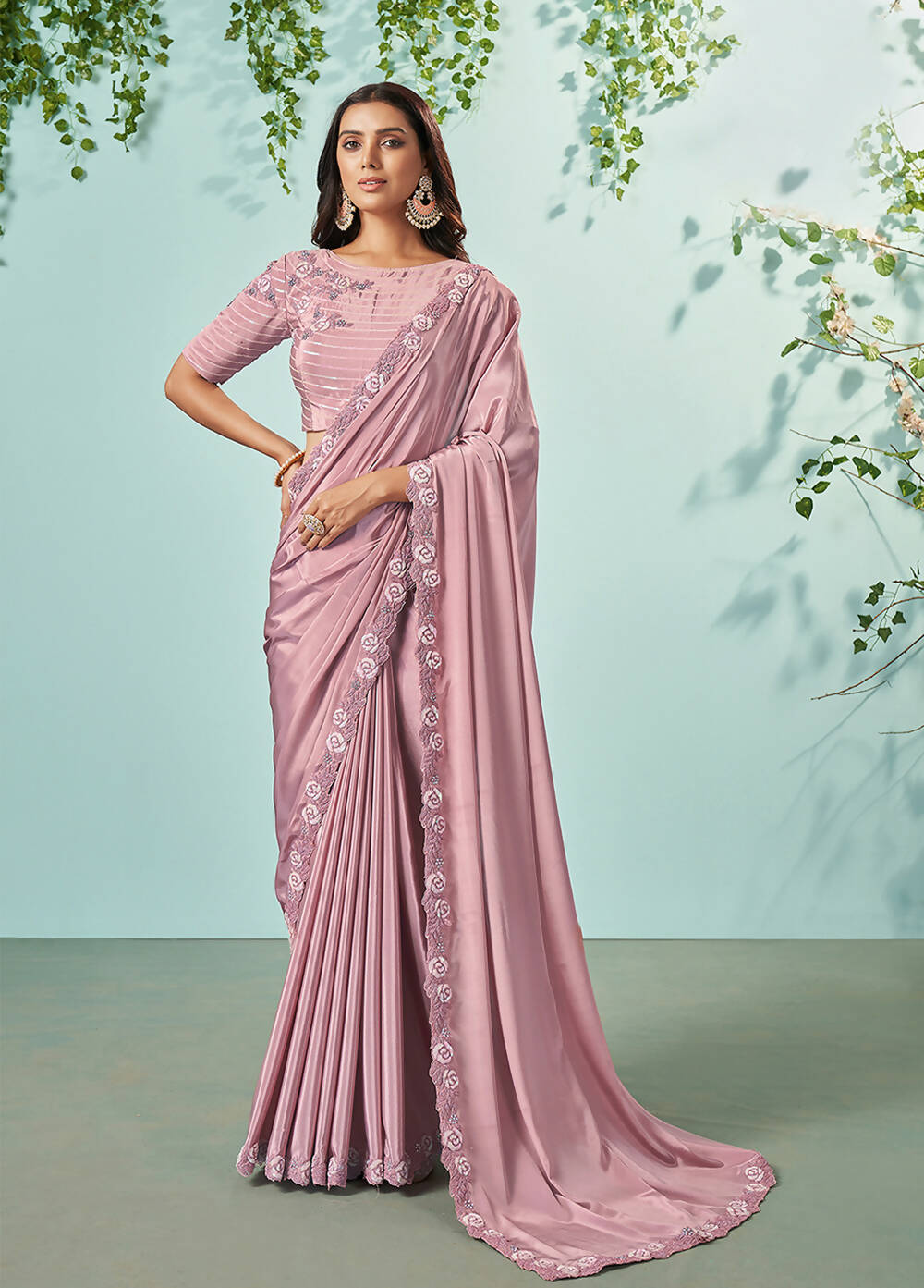Pink Silk crepe Solid Saree With Unstitched Blouse Piece - Norita Ikshita | Grocsy