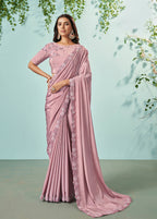 Pink Silk crepe Solid Saree With Unstitched Blouse Piece - Norita Ikshita | Grocsy