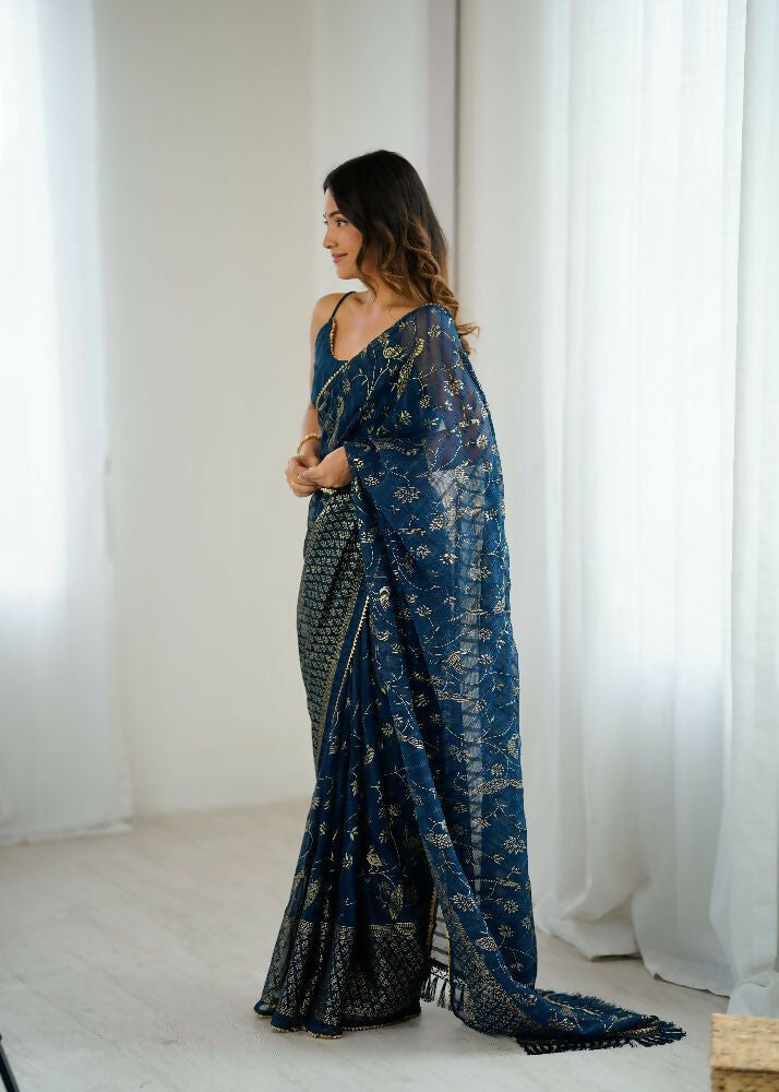 PR Fashion Morpich Georgette Patta Plain With Foil Work And Small Lace And Zalar Lace Saree | Grocsy