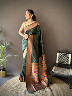 Joban Fashion Green Jacquard Butti Soft Lichi Silk Paithani Saree | Grocsy