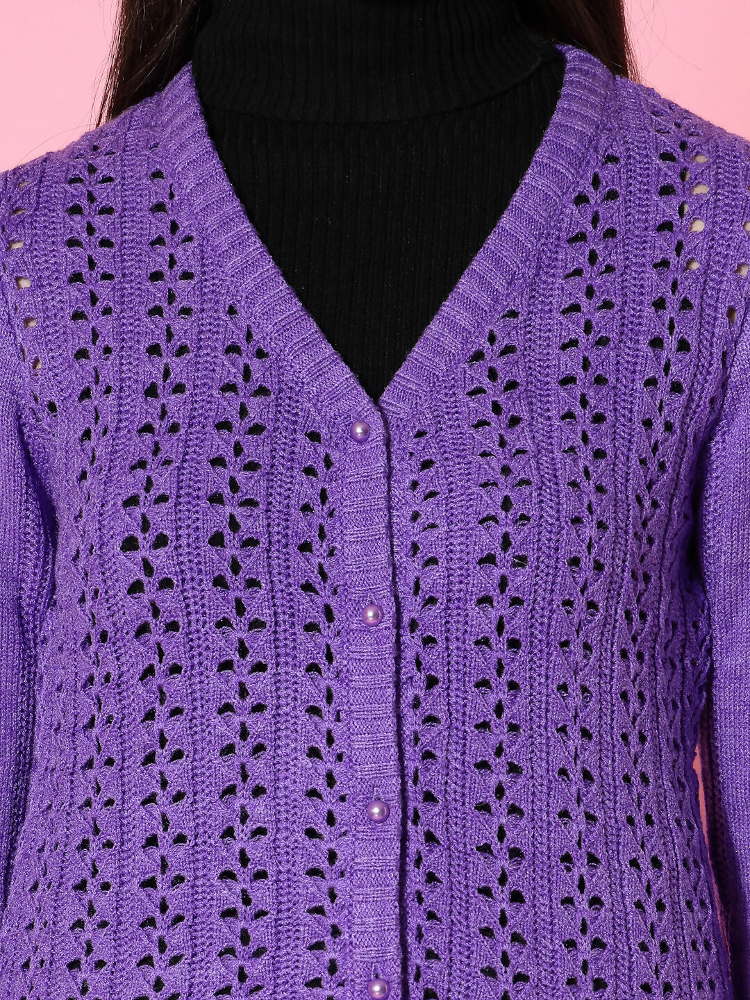 Women Pointelle Purple Acrylic Winter Cardigan - Wool Trees | Grocsy
