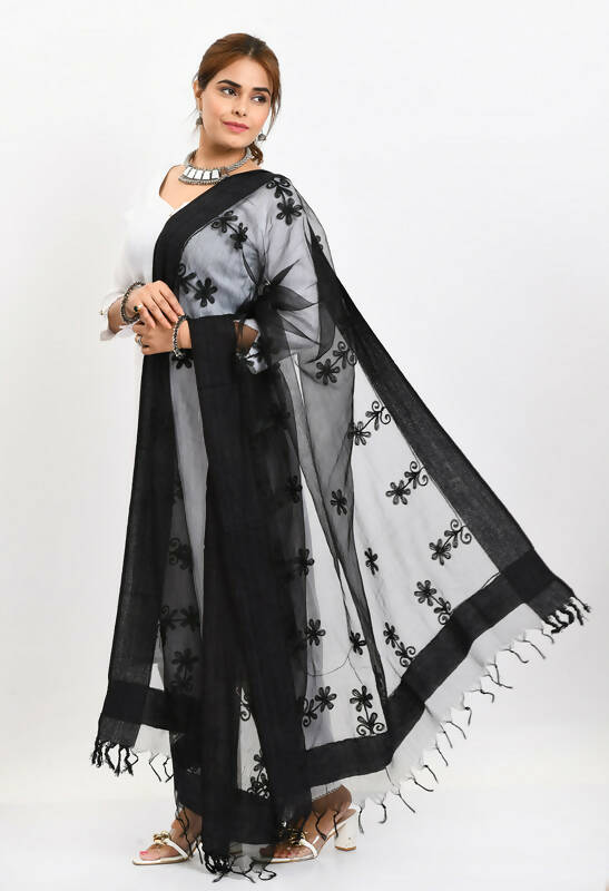 Mominos Fashion Moeza Women's Orgenza All Over Chikan Work Black Dupatta | Grocsy