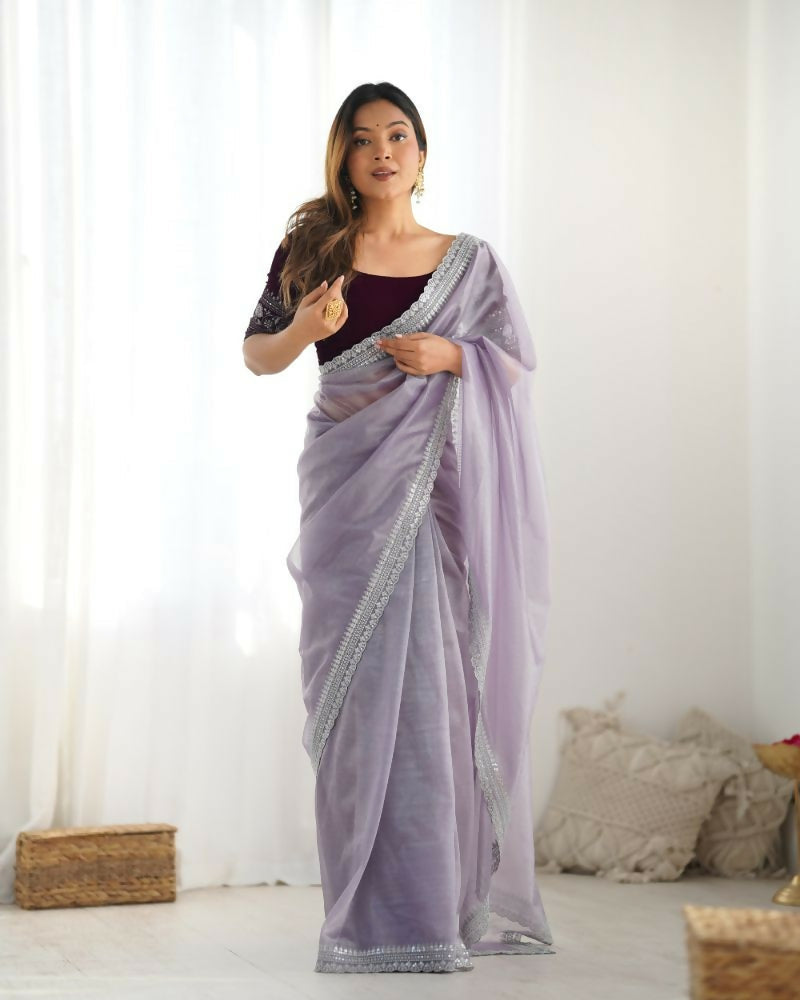 Attrctive Looking Gold Jari, Sequance Embroidery Work Twill Net Party Wear Saree - Lavender | Grocsy