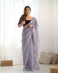 Attrctive Looking Gold Jari, Sequance Embroidery Work Twill Net Party Wear Saree - Lavender | Grocsy