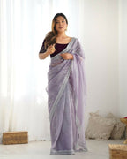 Attrctive Looking Gold Jari, Sequance Embroidery Work Twill Net Party Wear Saree - Lavender | Grocsy
