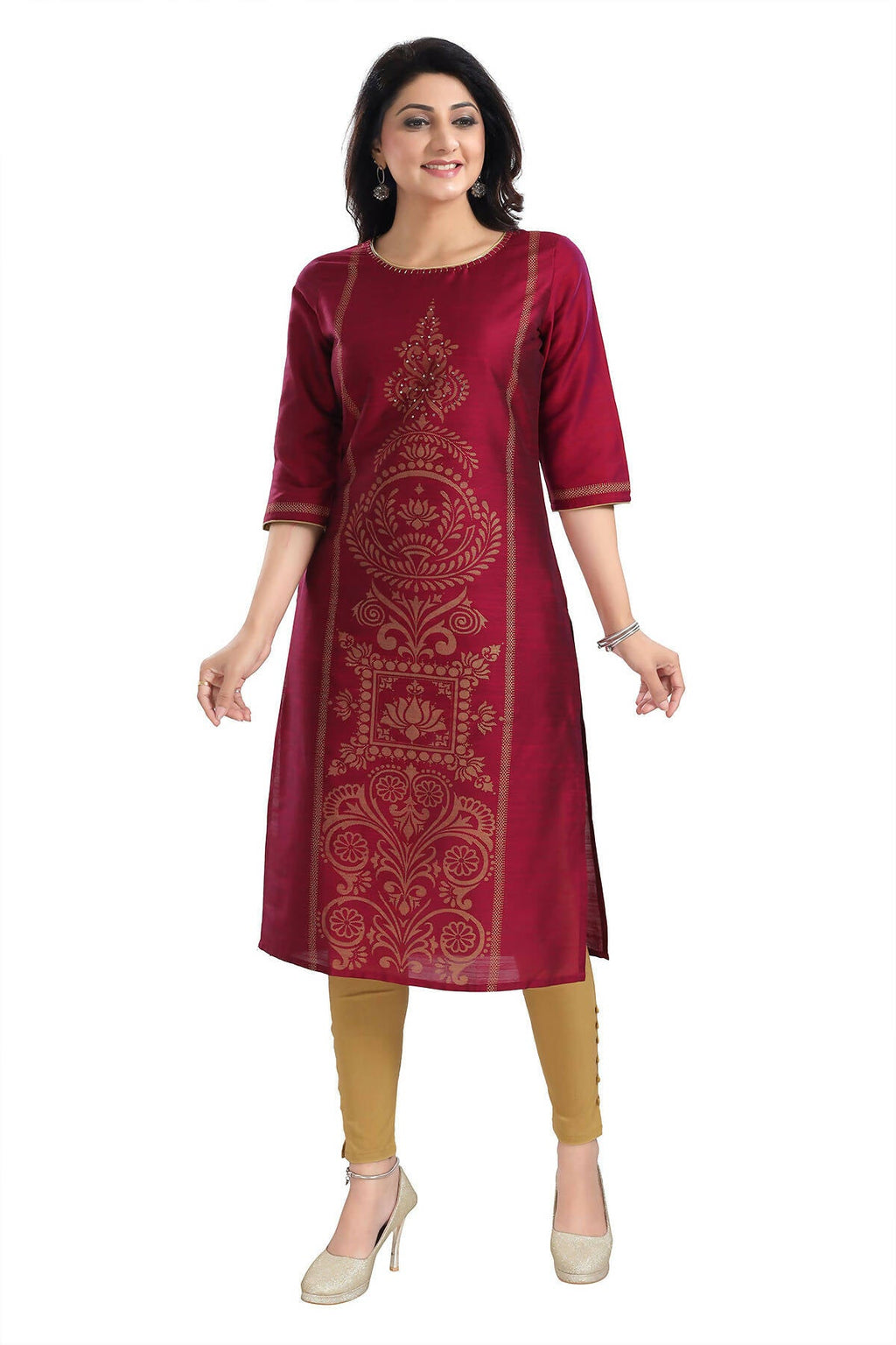 Snehal Creations Majenta Raw Silk Block Print Long Kurta For Women | Grocsy