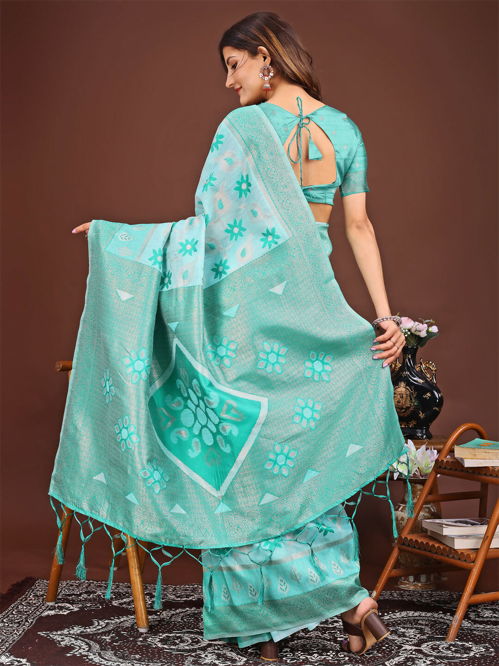 Shree Shyam Fashion Sajni Sea Green Linen Cotton Saree | Grocsy