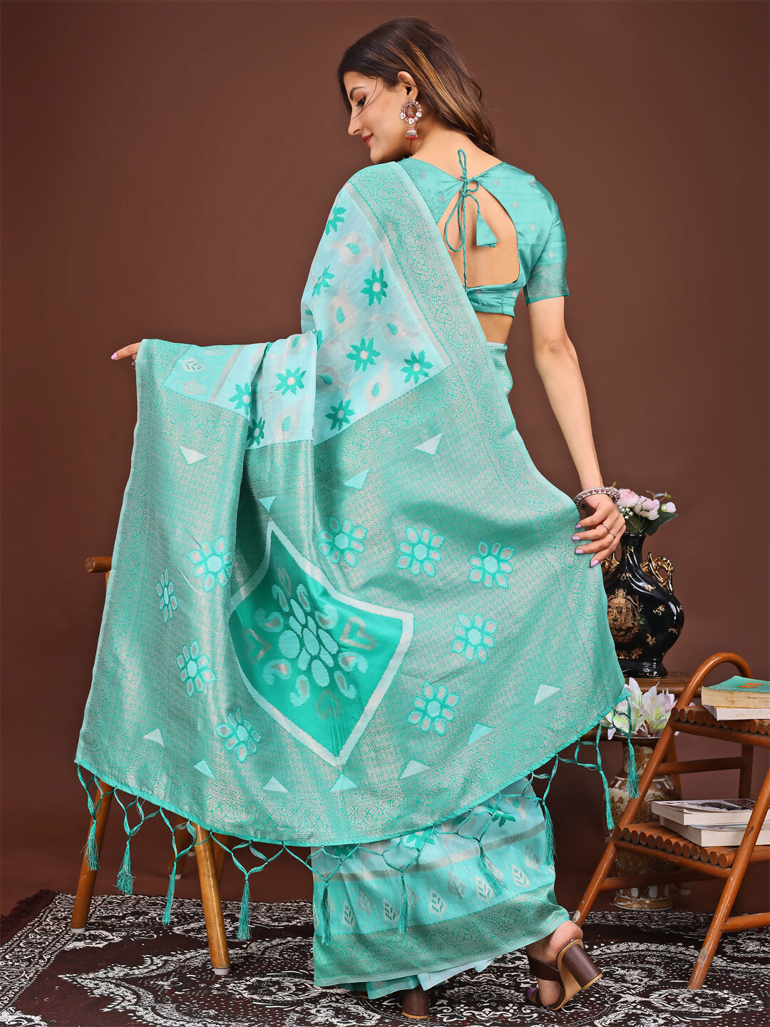 Shree Shyam Fashion Sajni Sea Green Linen Cotton Saree | Grocsy