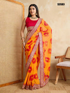 Yellow Georgette Printed Designer, Embroidery Work Lace Border Saree - Aarvi | Grocsy