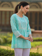 Juniper Women's Aqua Cambric Floral Printed Tunic | Grocsy