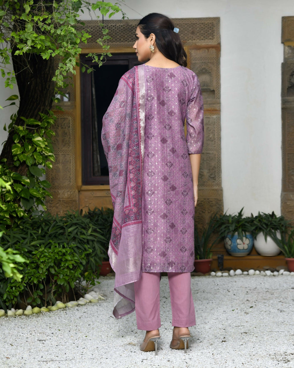 Vaasva Women's Chanderi Printed Suit Set With Pant And Printed Dupatta | Grocsy