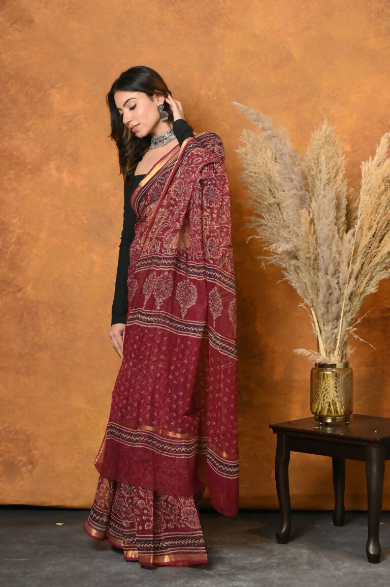 Very Much Indian Pure Kota Cotton Handblock Printed Saree - Red | Grocsy
