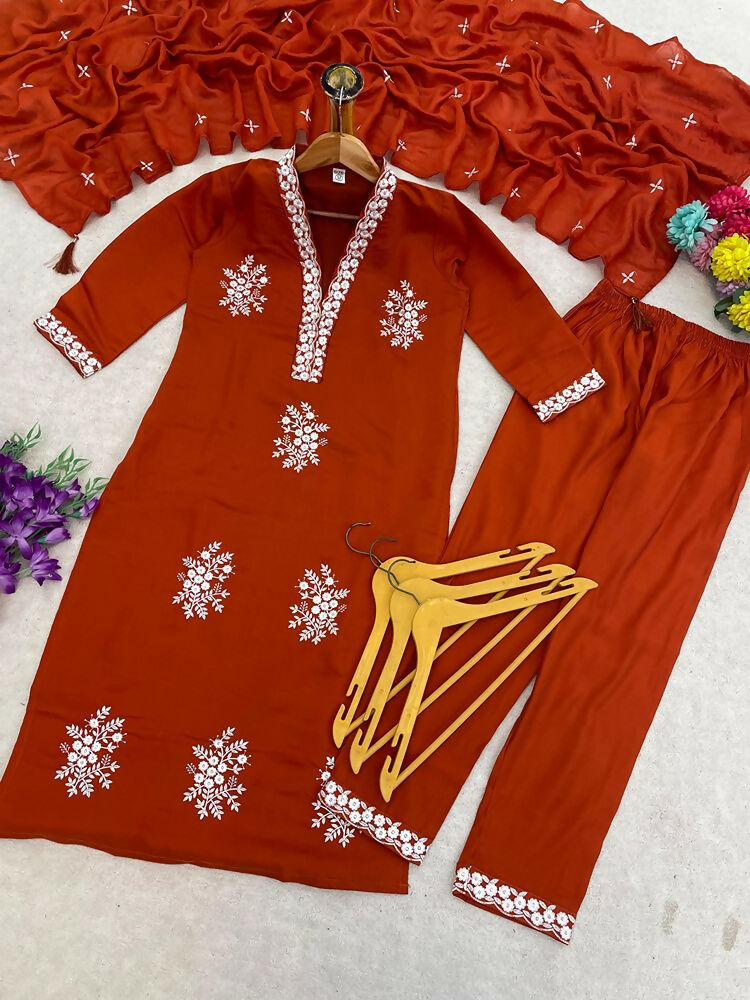 Teeya Creation Vibrant Orange Embroidered Kurti with Pant and Dupatta Set | Grocsy