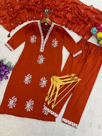 Teeya Creation Vibrant Orange Embroidered Kurti with Pant and Dupatta Set | Grocsy