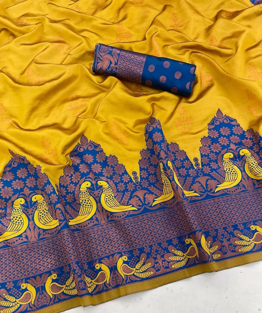 DEIANA'S Beautiful Designer Golden zari Soft Lichi Silk Saree - Yellow | Grocsy
