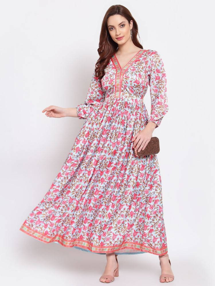 Myshka Women's Multi Printed Cotton Blend 3/4 Sleeve V Neck Casual Dress | Grocsy