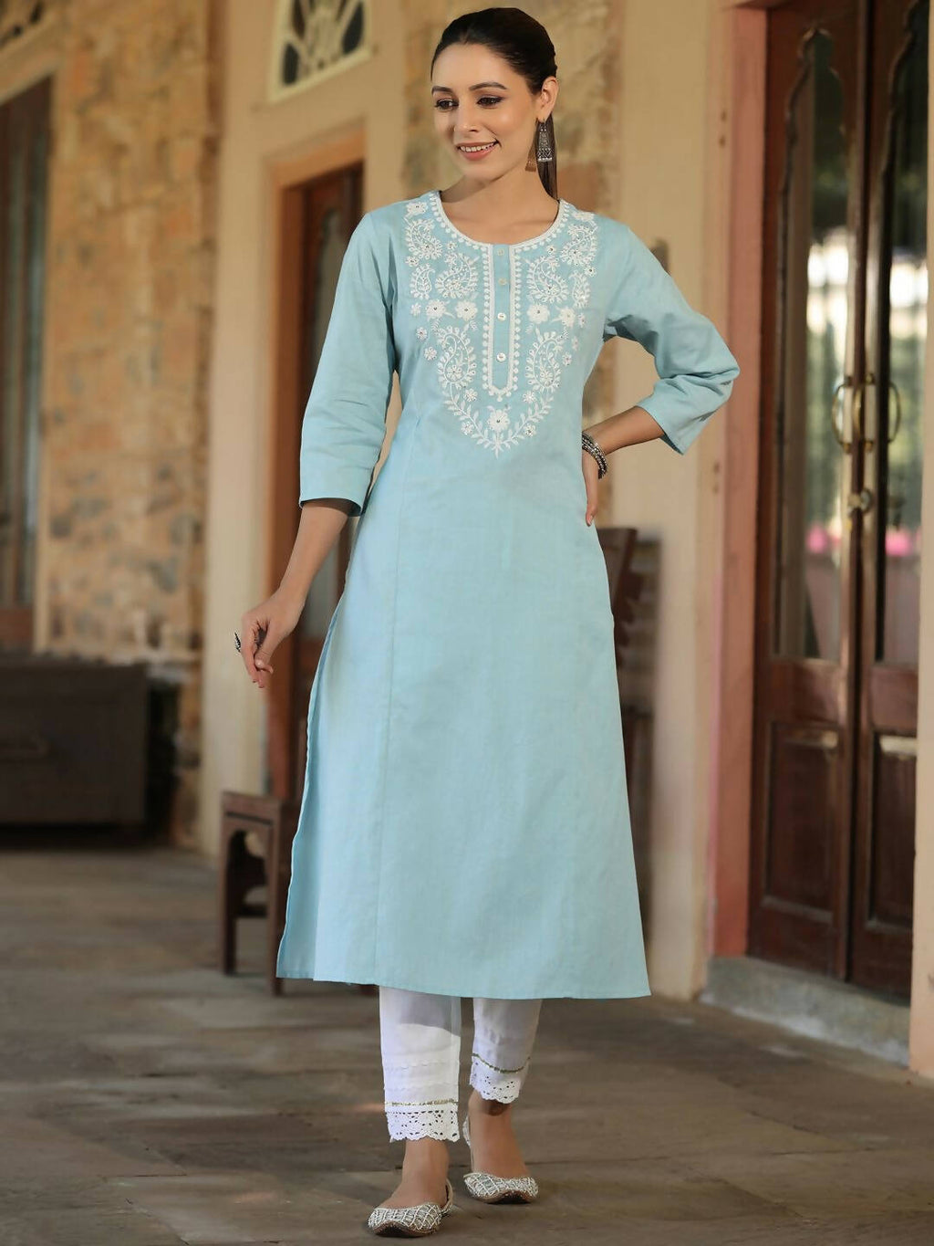 Juniper Women's Blue Cotton Flex Embroidered Straight Kurta | Grocsy