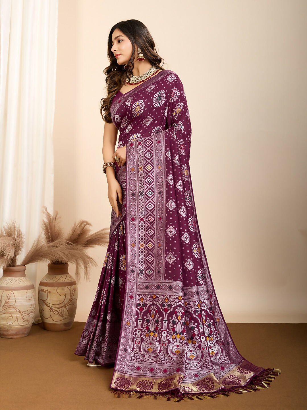 Wine Soft Silk Woven Meenakari Designer Saree - Vedanti | Grocsy