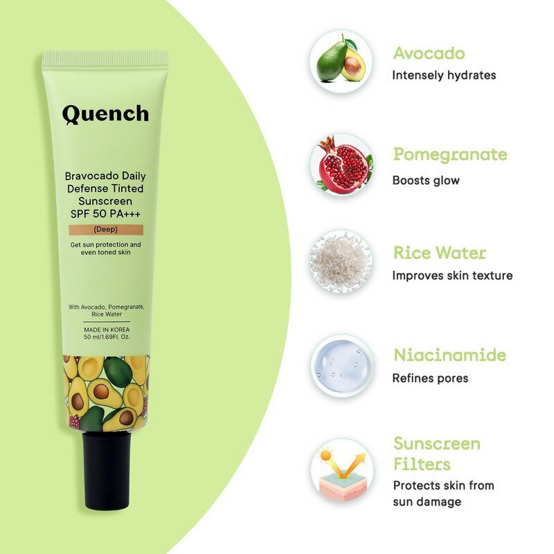 Quench Vitamin E Tinted SPF 50 Sunscreen PA+++ with both Mineral & Chemical Actives (Deep) | Grocsy