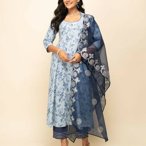 FIORRA Women's Light Blue Cotton Flared Kurta Pant with Dupatta | Grocsy