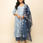 FIORRA Women's Light Blue Cotton Flared Kurta Pant with Dupatta | Grocsy