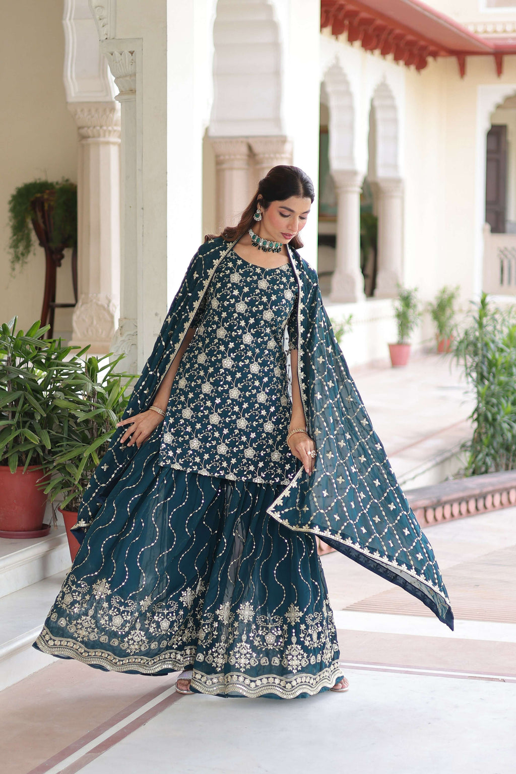 Joban Fashion Rama Green Readymade Kurta Set With Sequence embroidery Work | Grocsy