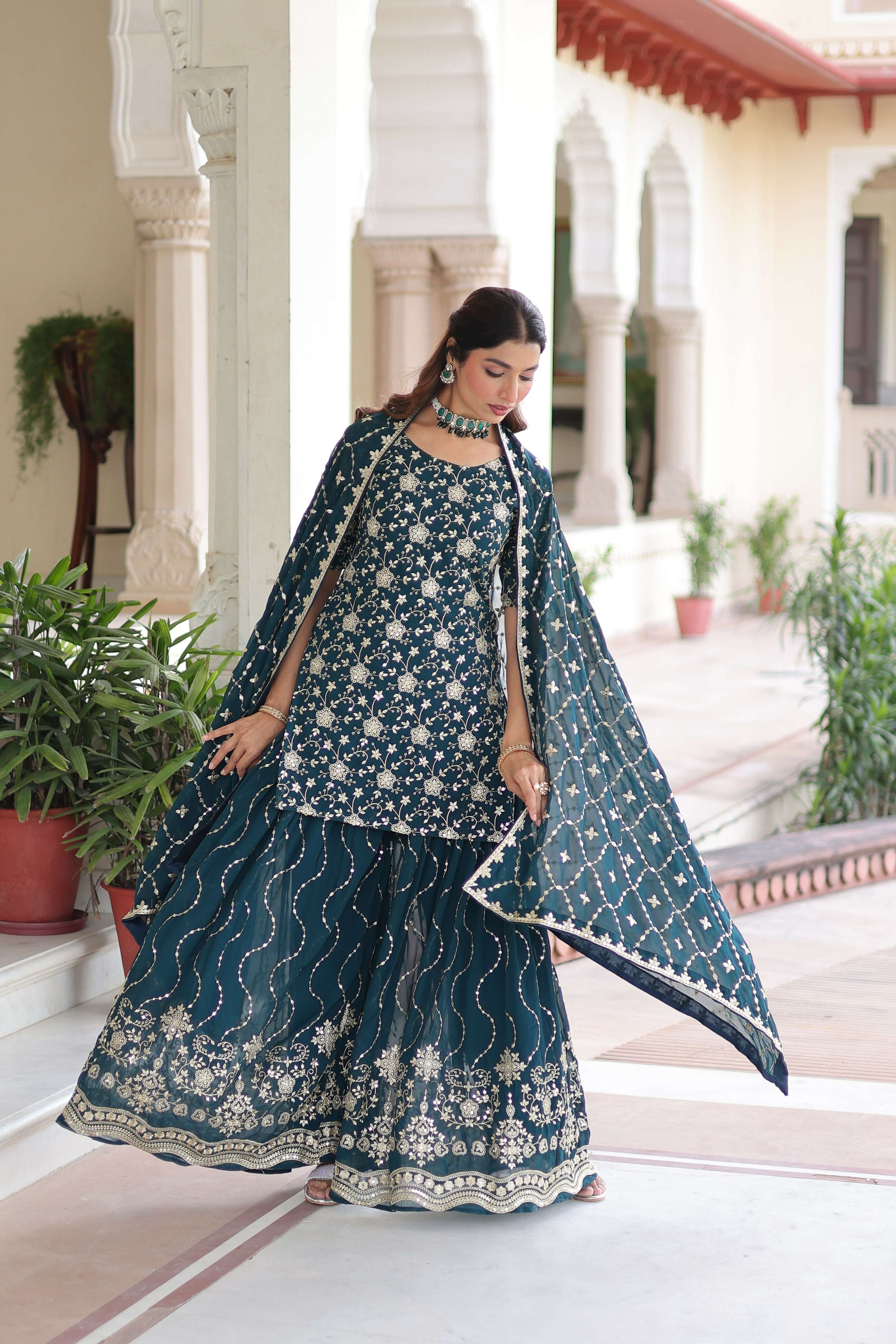 Joban Fashion Rama Green Readymade Kurta Set With Sequence embroidery Work | Grocsy