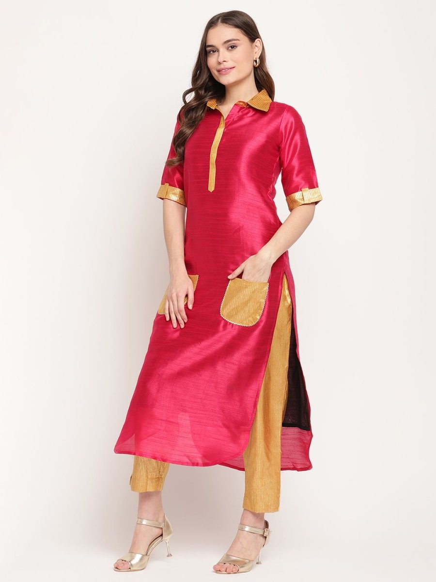 Ahalyaa Women's Dark Pink Poly Silk Kurta Trouser Set | Grocsy