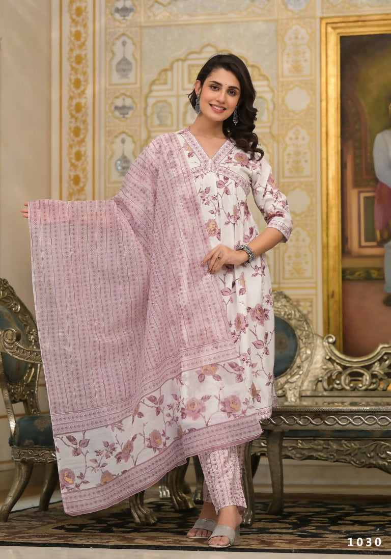Partywear Designer Lavender Cotton Stitched Suit With Dupatta - Tanisha | Grocsy