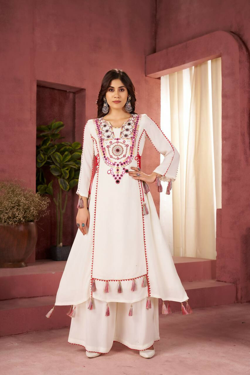 The52 Women's Gorgeous Rayon Fabric Thread Work Straight Kurta Palazzo Set | Grocsy